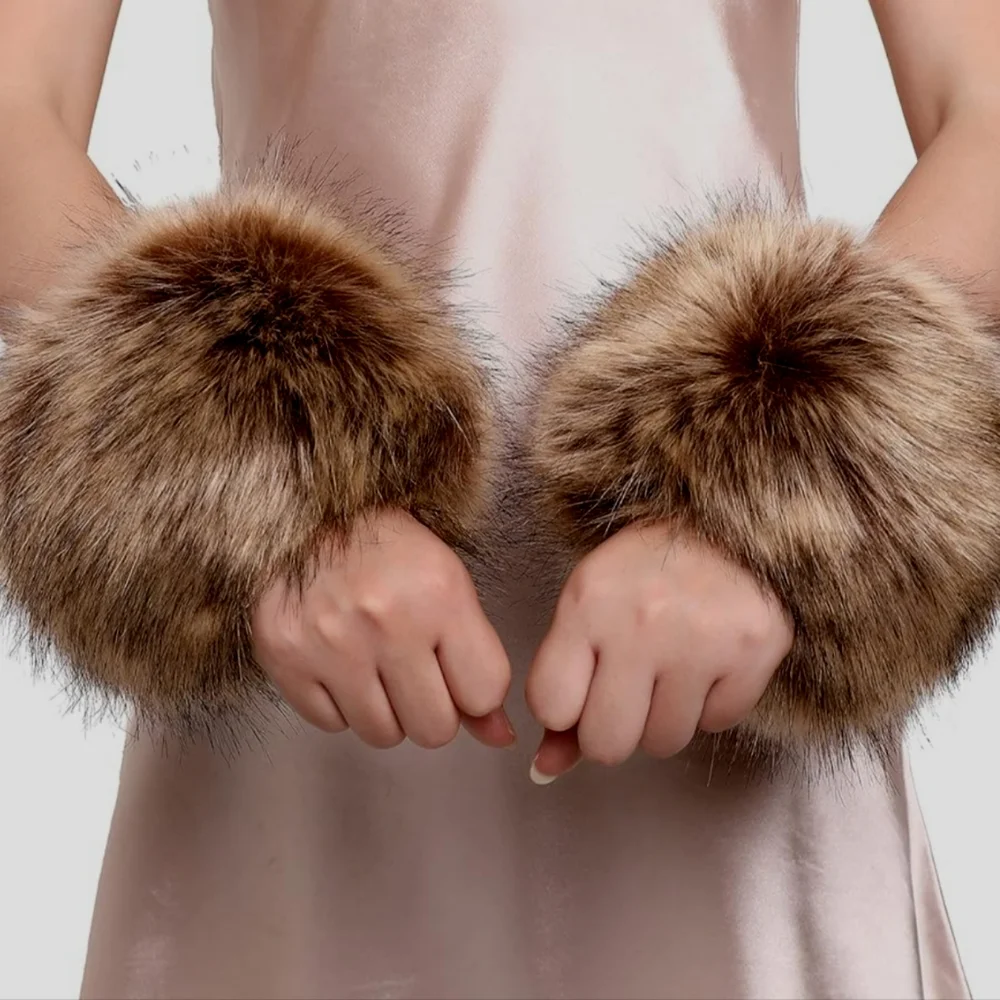 Brown Faux Fur Cuffs Elegant Versitile Classy Sophistication Chic Fall Winter - Picture 2 of 3